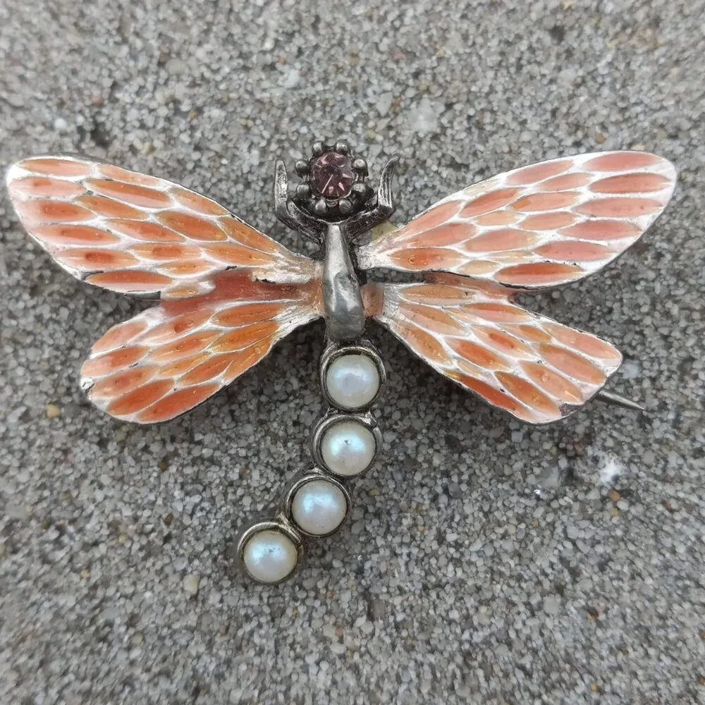 Gerard Yosca Brooch Figural  Vintage Enamel Dragonfly in Silver, Orange + White